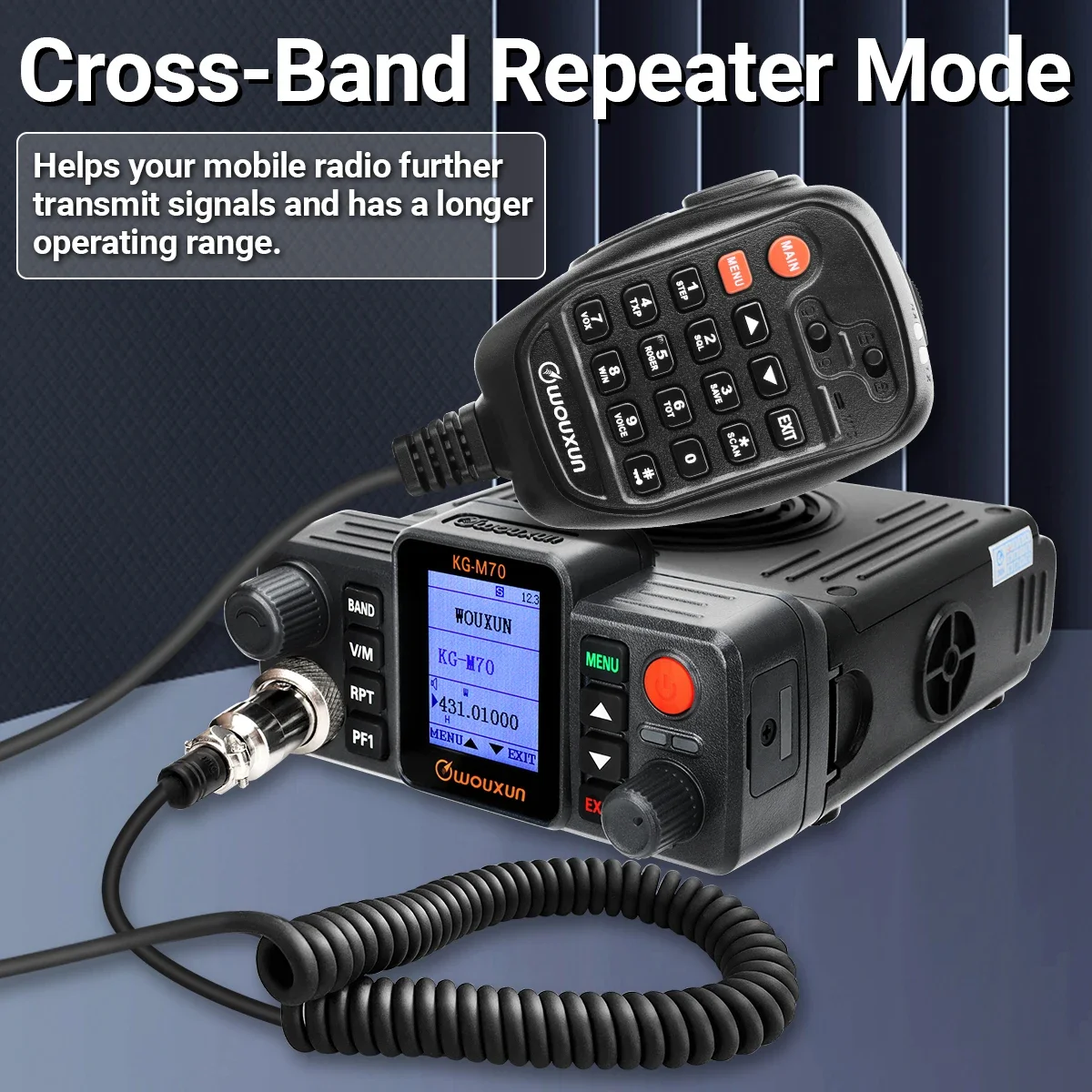 WOUXUN KG-M70 25W Mobile Radio Cross Band Repeater Dual Band Long Range 999CH High Power Auto Radio Station mit Mikrofon