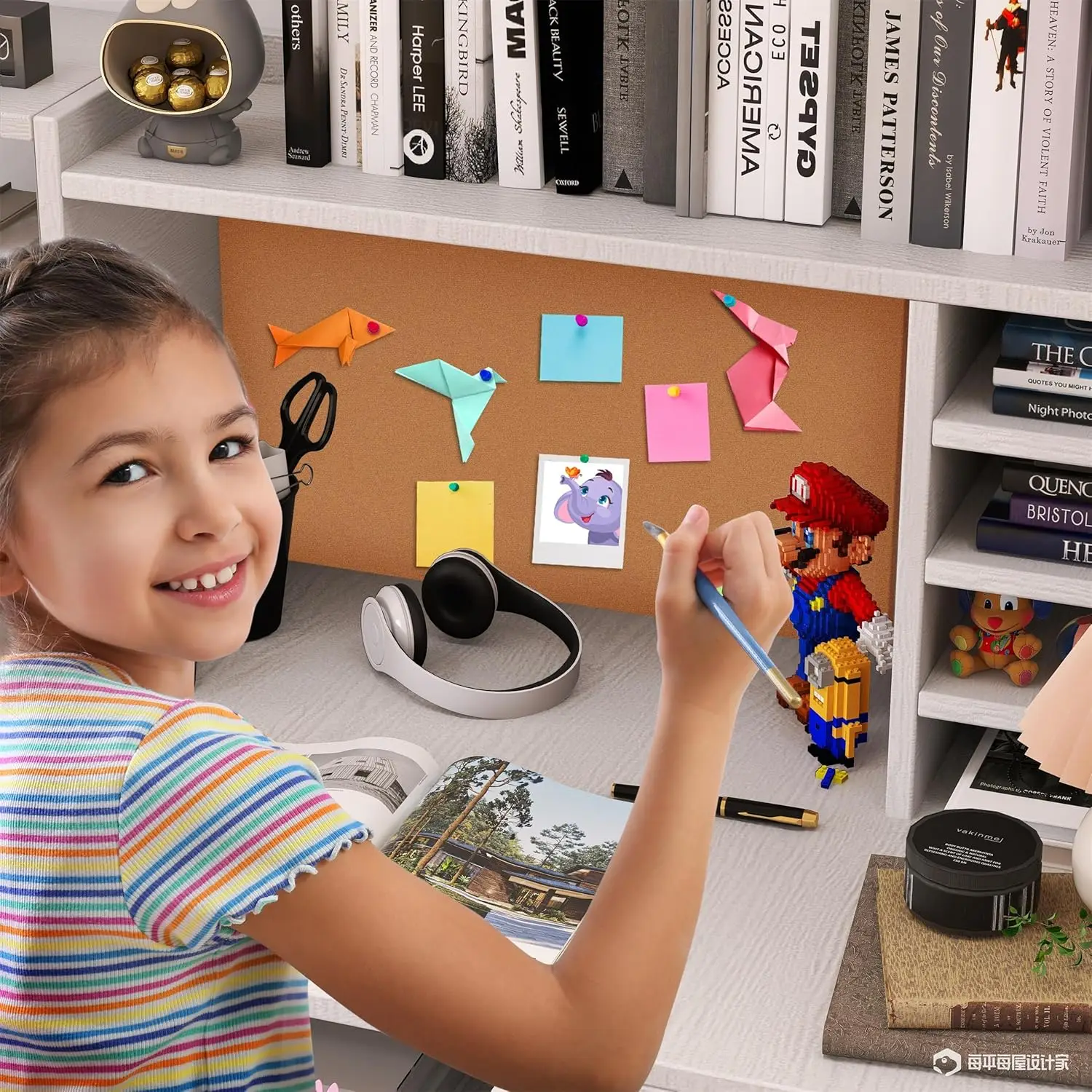 Kids Desk and Chair Set for 5-12 Year Old, Childrens Computer Desk with 4 Drawers, Kids Study Table with Storage Shelf-A01C65