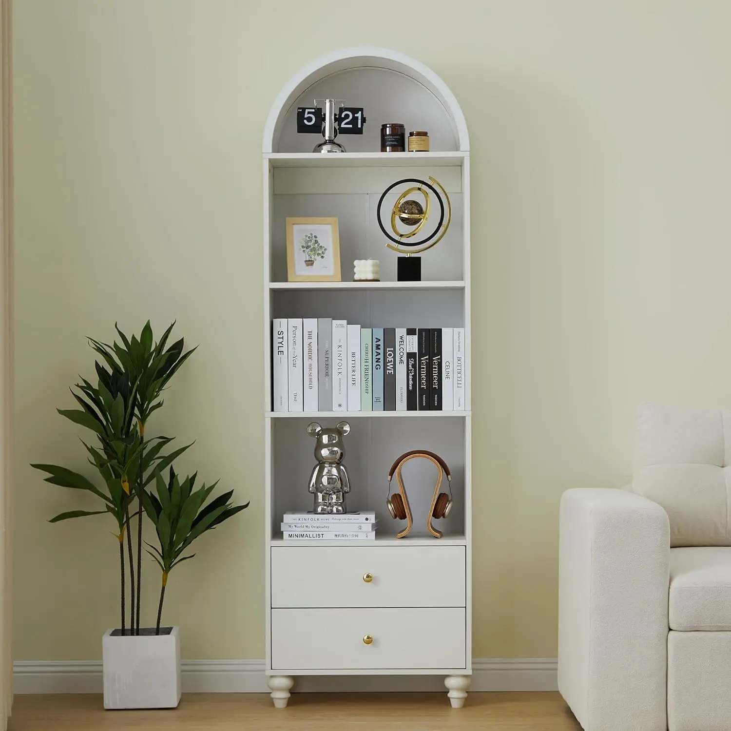 75.59" Tall Bookcase, 4 Tier Arched Bookshelf with 2 Drawers, Modern Book Display Storage Cabinet for Living Room, Bedroom
