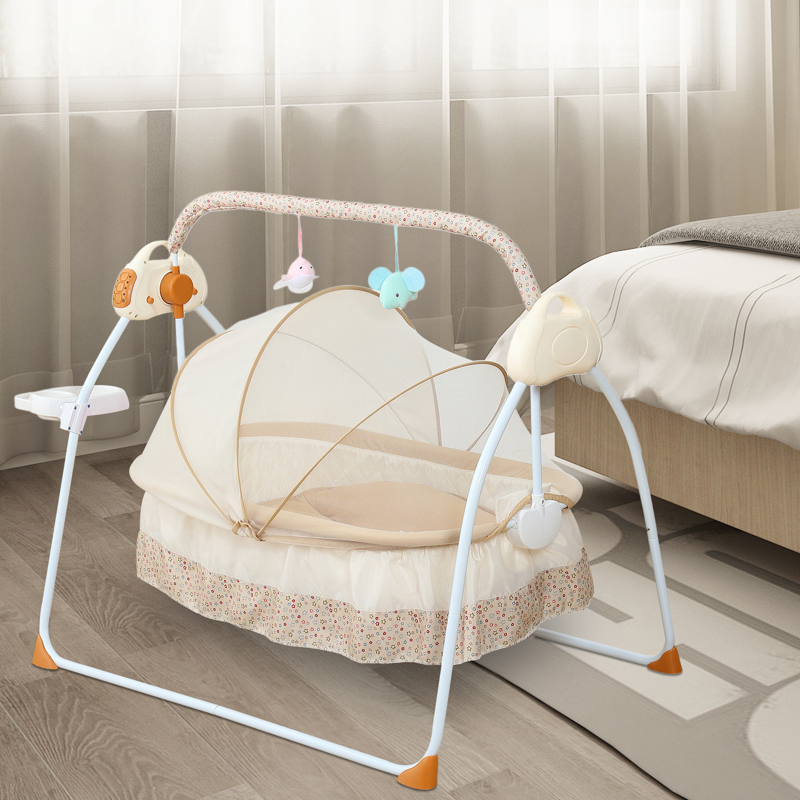 Portable Foldable  Baby Electric Cradle Remote Control Electric Cradle with Feeding Bottle Stand Toy Rack Mosquito Net