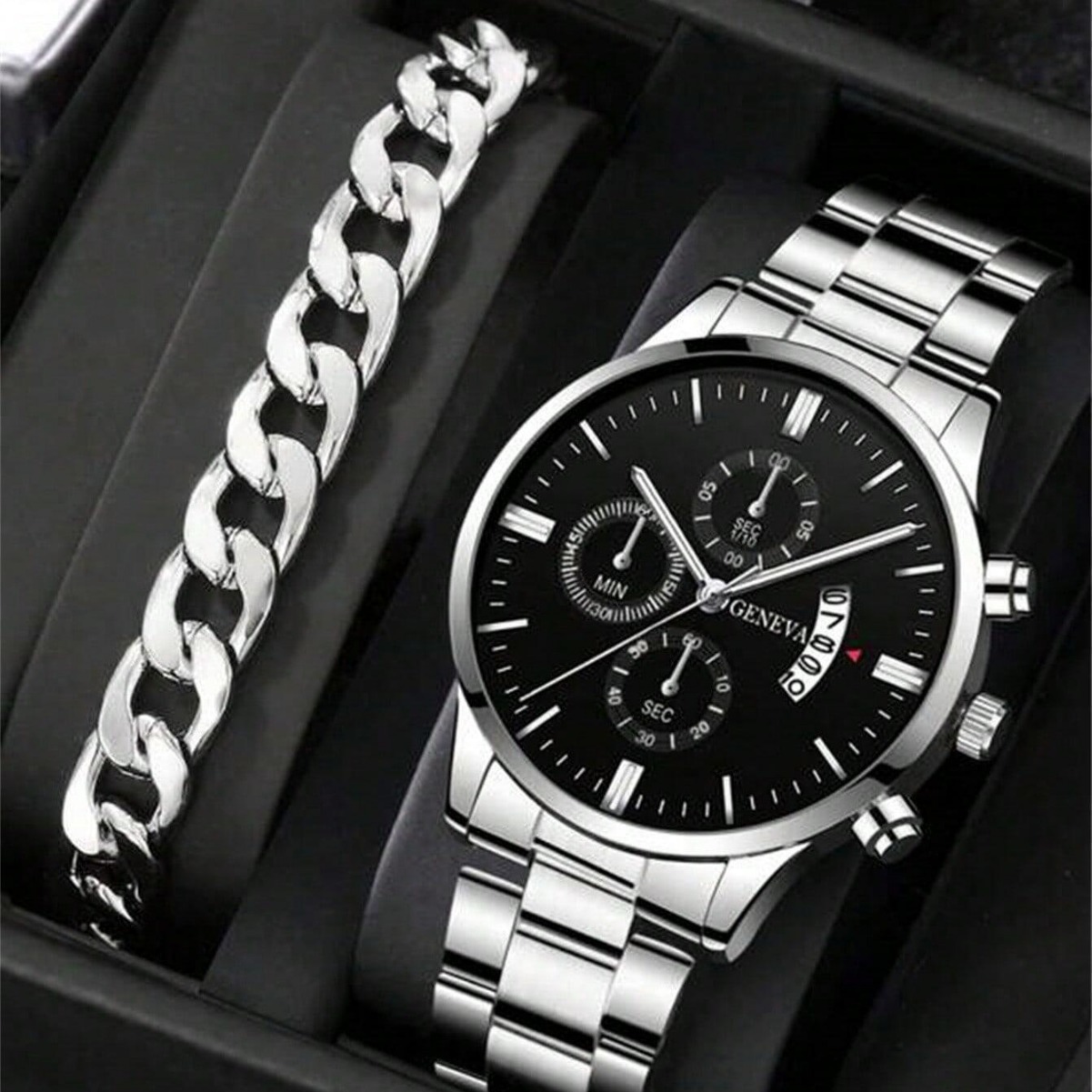 2 pçs luxo preto relógio de quartzo & pulseira para homens negócios moda calendário redondo conjunto relógio (sem caixa) relogio masculino