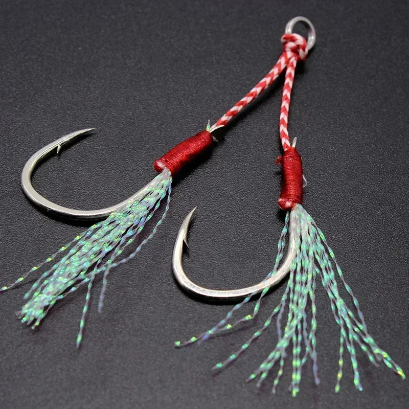 10 pçs/lote gancho de pesca gabarito duplo pairhooks farpado fio pena acessórios pesca aço alto carbono isca de pesca lento jigging