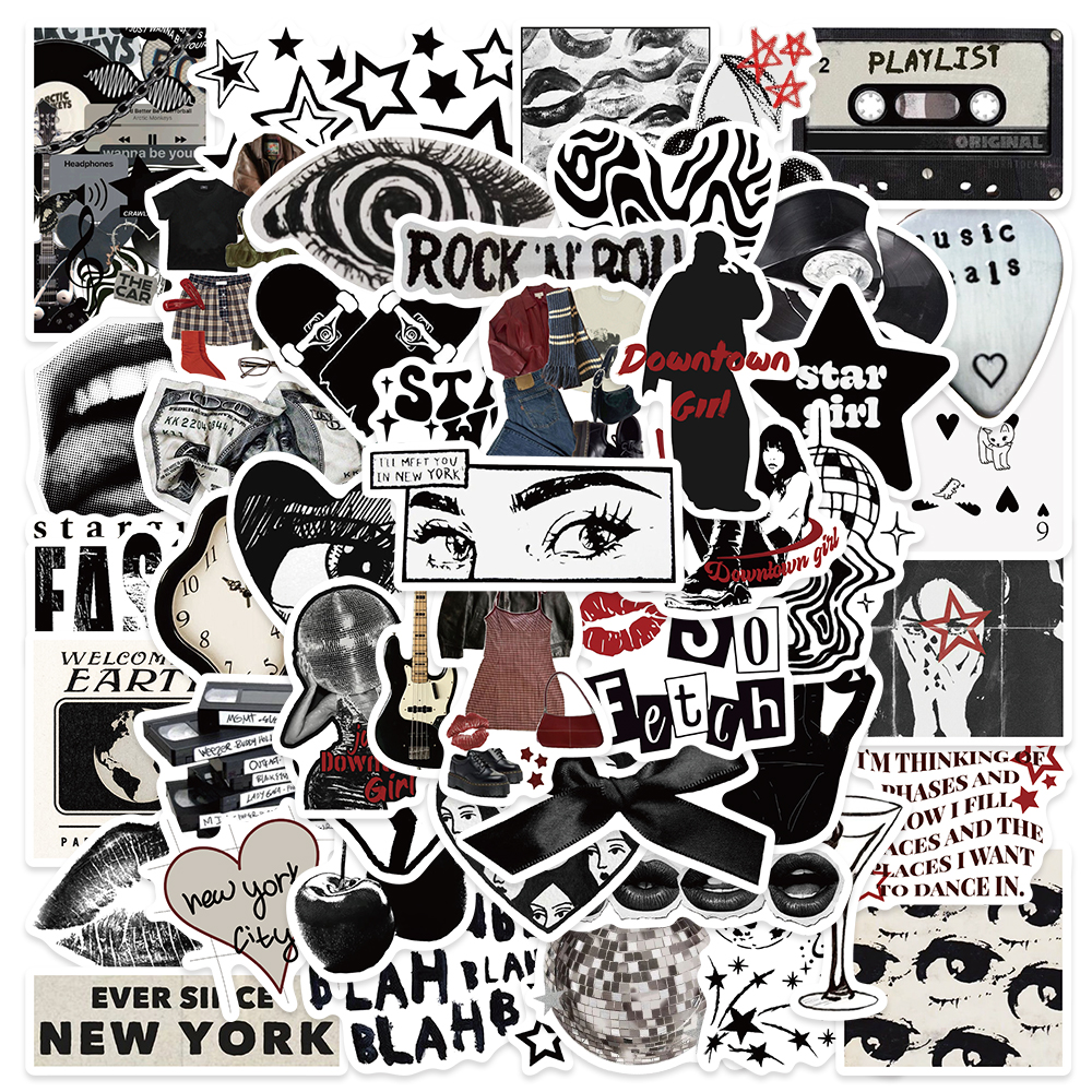 50 шт., 90-е, 00-е годы, ретро, черно-белые Y2K, эстетические наклейки для девочек на багаж, ноутбук, гитара, телефон, дневник, водонепроницаемые виниловые наклейки