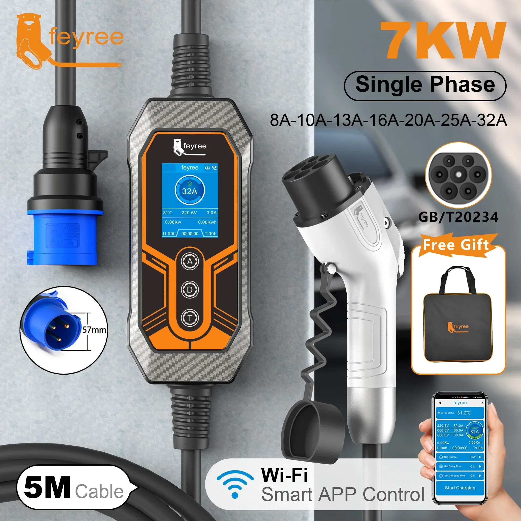 Шнур feyree GB/T 32A, 7 кВт, 1 фаза, интеллектуальное приложение, управление Wi-Fi, версия Bluetooth