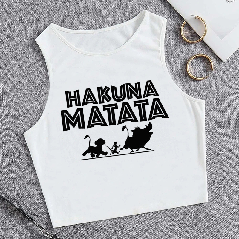 Tank Top Hakuna Matata kaus Crop Top kaus oblong Disney The Lion King kaus oblong Kawaii Crop Atasan wanita baju wanita