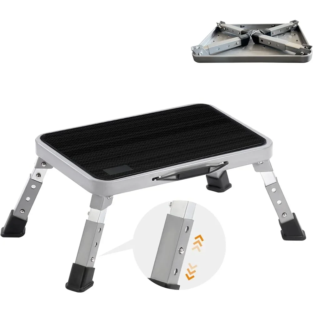 Folding Step Stool RV Adjustable Height Portable Metal Step Ladder Non-Slip Surface Heavy Duty Stepping Stool Indoor Outdoor Use