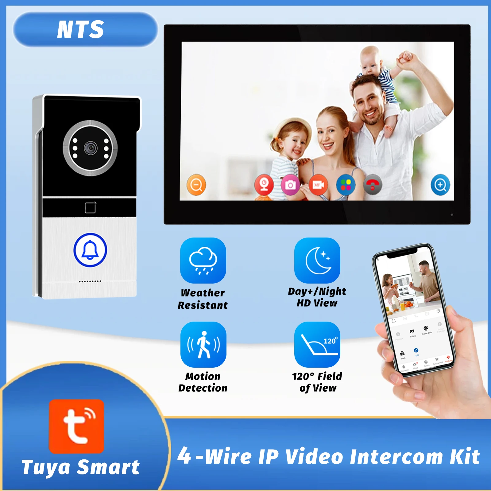 Tuya 2,4 GHz WiFi-video-intercom met 7 '' HD-scherm, dual-mode nachtzicht en waterdicht ontwerp, videodeurbel voor villa/poort