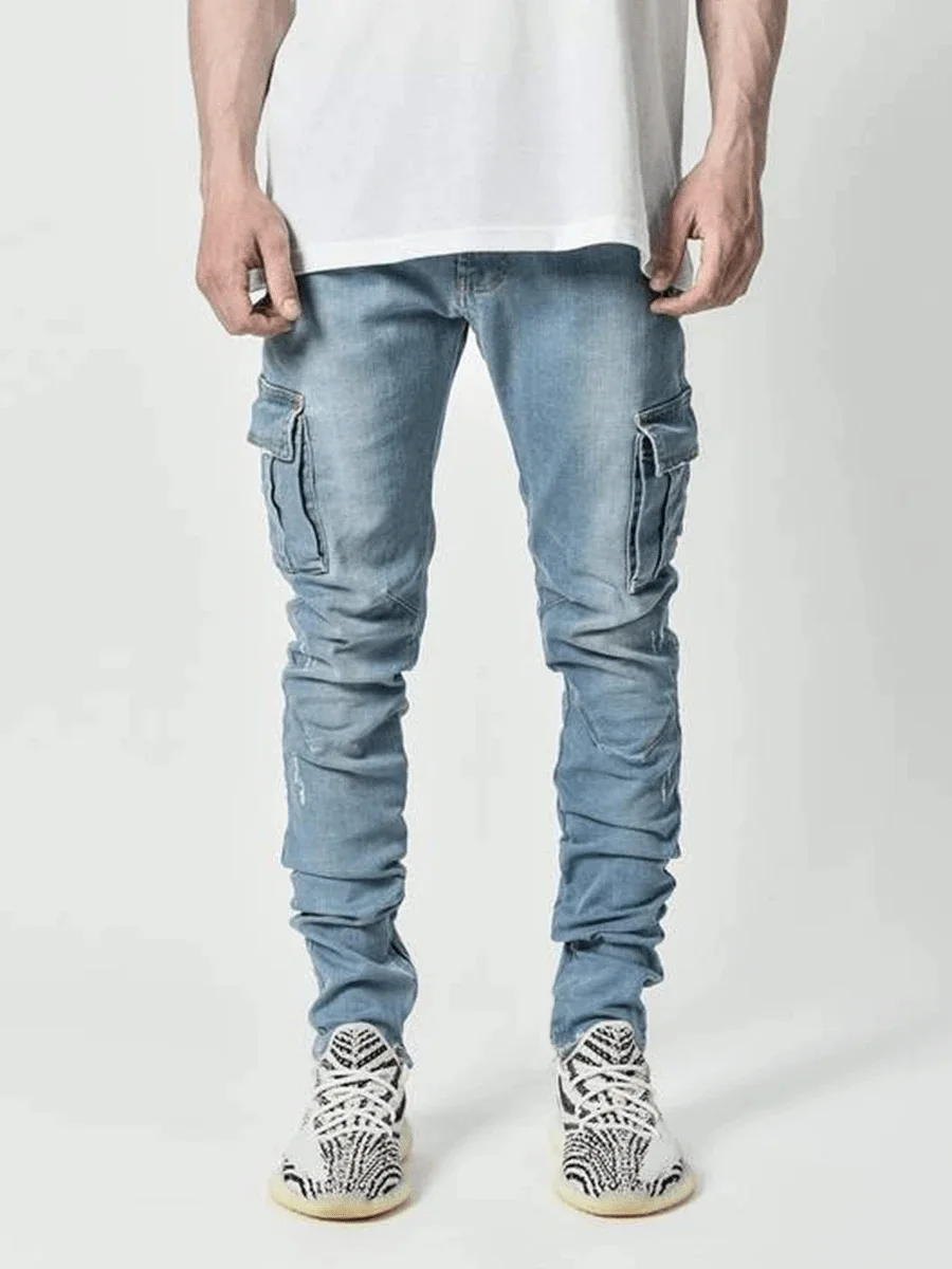 Neue Jeans Männer Hosen Waschen Einfarbig Multi Taschen Denim Mittlere Taille Cargo Jeans Plus Größe Mode Casual Hosen Männlichen Täglichen Verschleiß