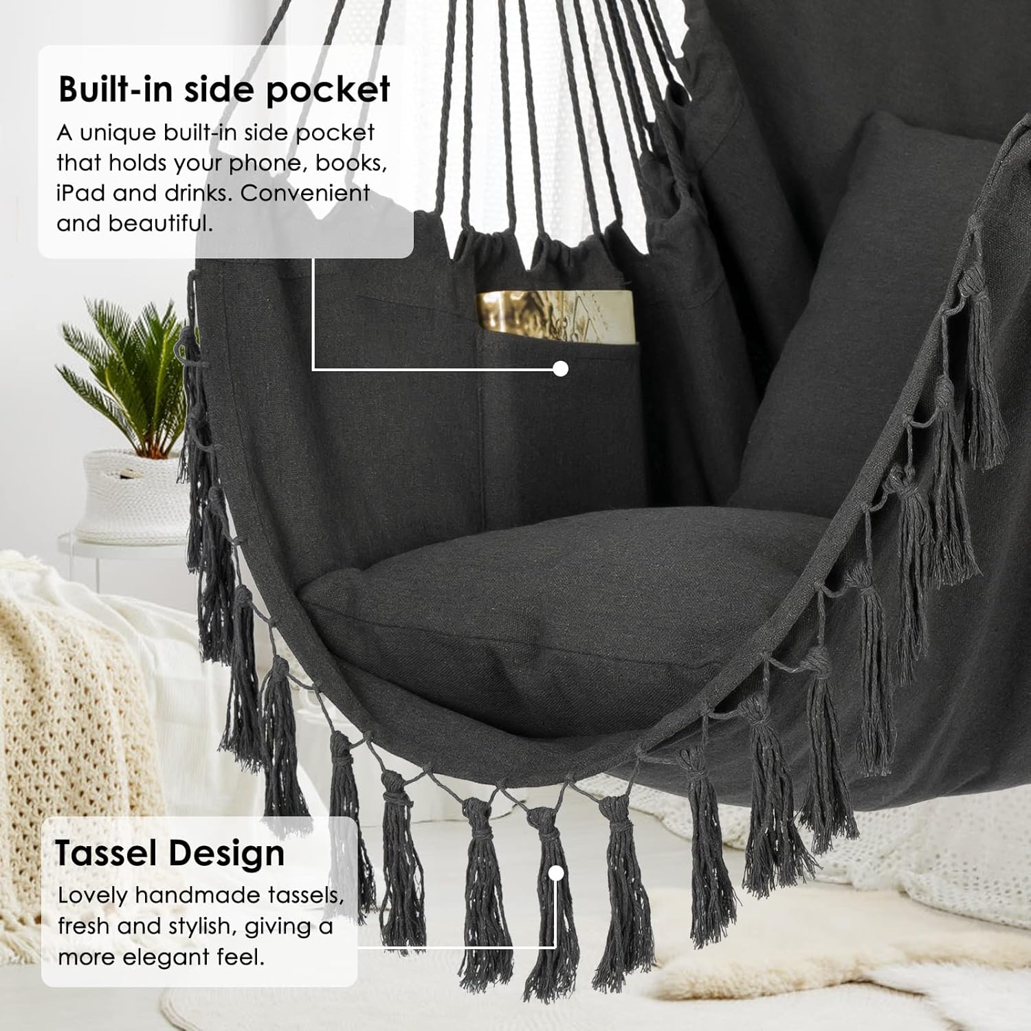 Columpio de cuerda colgante para silla hamaca, máximo 500 libras, 2 cojines incluidos, silla colgante grande de macramé con bolsillo, tejido de algodón