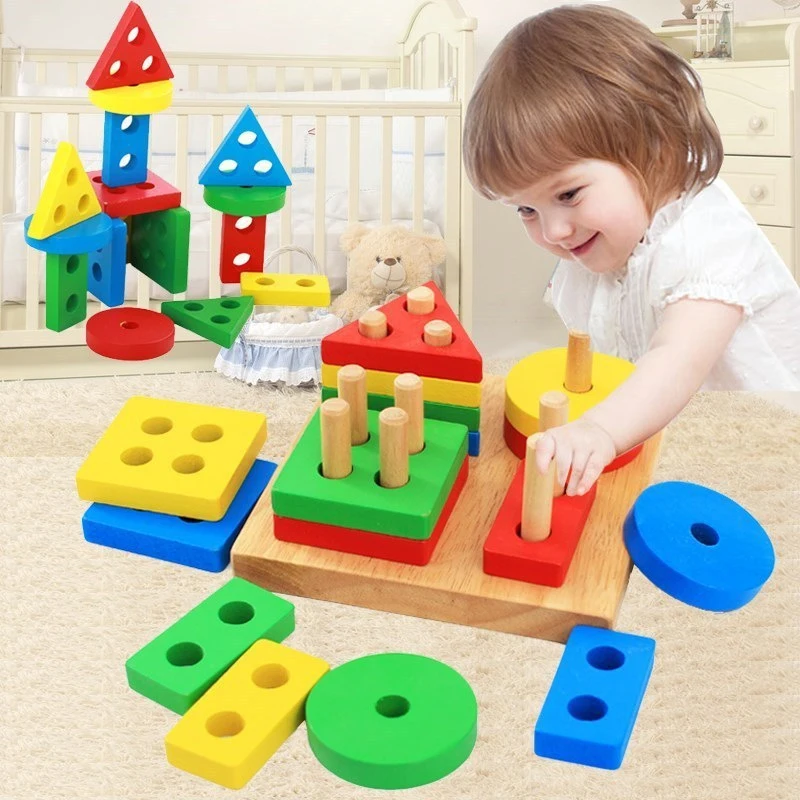 Montessori Wooden Block Toys Children Geometric Shape Color Sorter Block Puzzles Toddler Sorting Math Bricks Stacking Toys