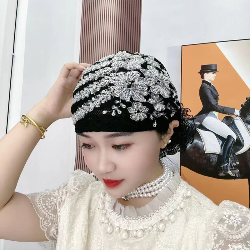 Gorros de turbante de encaje con bordado de diamantes brillantes para mujer, pañuelo musulmán para la cabeza, gorros para mujer, gorro diario, gorro para cubrir el cabello