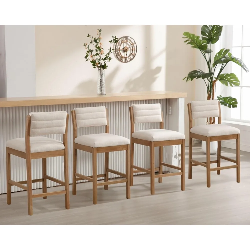 26.5'' Tall Bar Stools Set of 4 Modern Counter Stools with Backs Beige Linen Upholstered Bar Height Chairs Counter Height Island