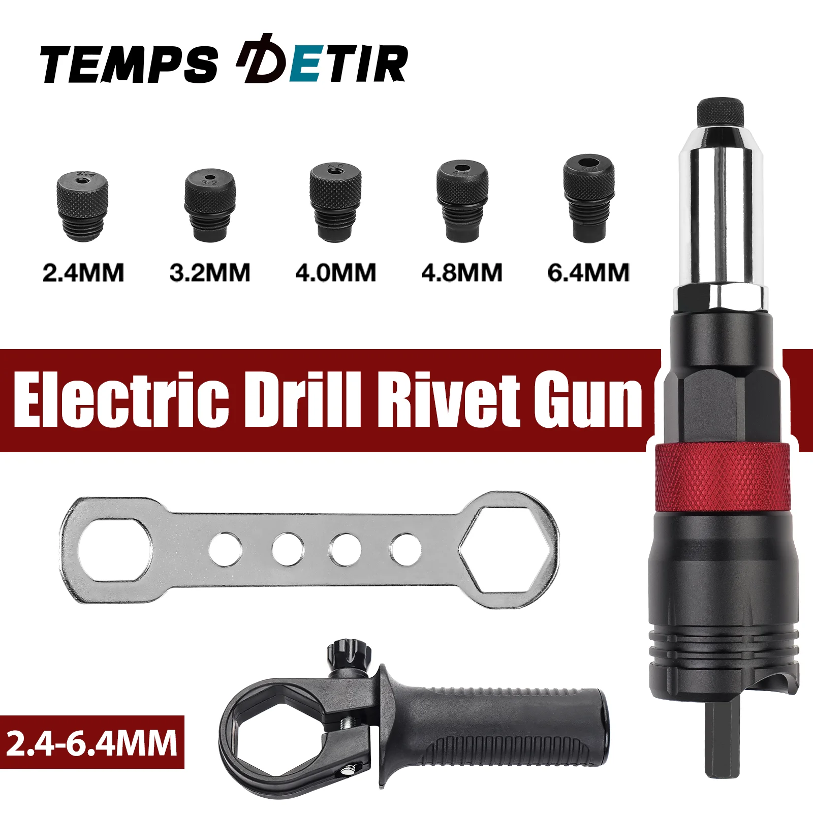 Pistola de rebite elétrica, adaptador de pistola de rebite de broca elétrica, kit de ferramentas de rebitagem sem fio, ferramenta de rebite de porca sem fio plug-in DIY doméstico, 2,4 mm /3,2 mm /4,0 mm /4,8 mm /6,4 mm