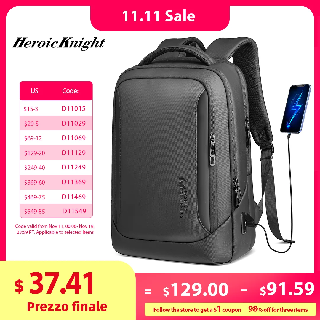Mochila multifuncional Heroic Knight para hombre, mochila para ordenador portátil de 15,6 ", mochila impermeable de viaje de trabajo de gran capacidad con puerto USB