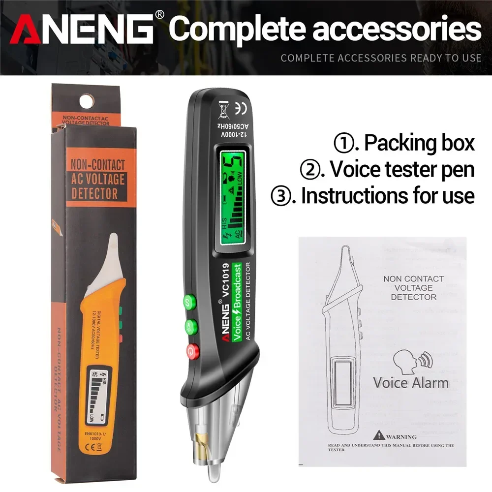 ANENG VC1019 pluma probadora de voltaje sin contacto transmisión de voz detección láser rojo 12-1000V voltios pluma de corriente herramientas medidoras de prueba eléctrica