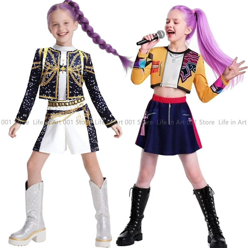 Kids Girls Kpop Demon Hunter Cosplay Rumi Zoey Mira Cosplay Costume Set 3D Print Child Stage Performance Clothes Halloween Party