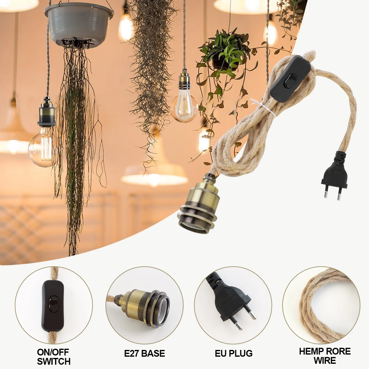 Vintage Power Cord Pendant Light 2M Hemp Rope Cables E26 E27 Lamp Holder Socket EU Plug Switch Industrial Pendant Light Fitting