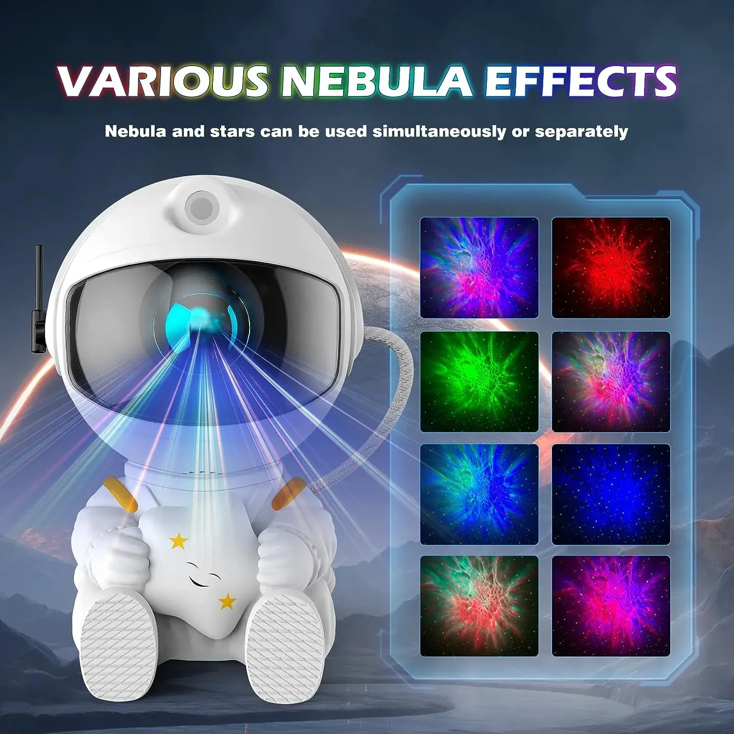Proyector de estrellas de galaxia y astronauta, luz nocturna estrellada, lámpara de proyección de techo de nebulosa estrellada con 8 modos, control remoto y 360, 1 ud. °   Adj