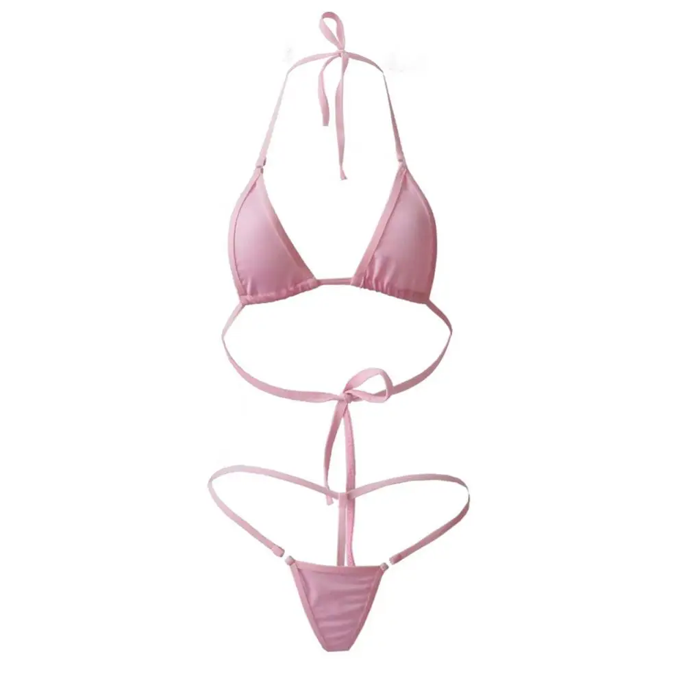 Maillot de bain d'été pour filles 2 pièces dame Sexy couleur unie licou Mini soutien-gorge string Bikini ensemble maillot de bain maillot de bain
