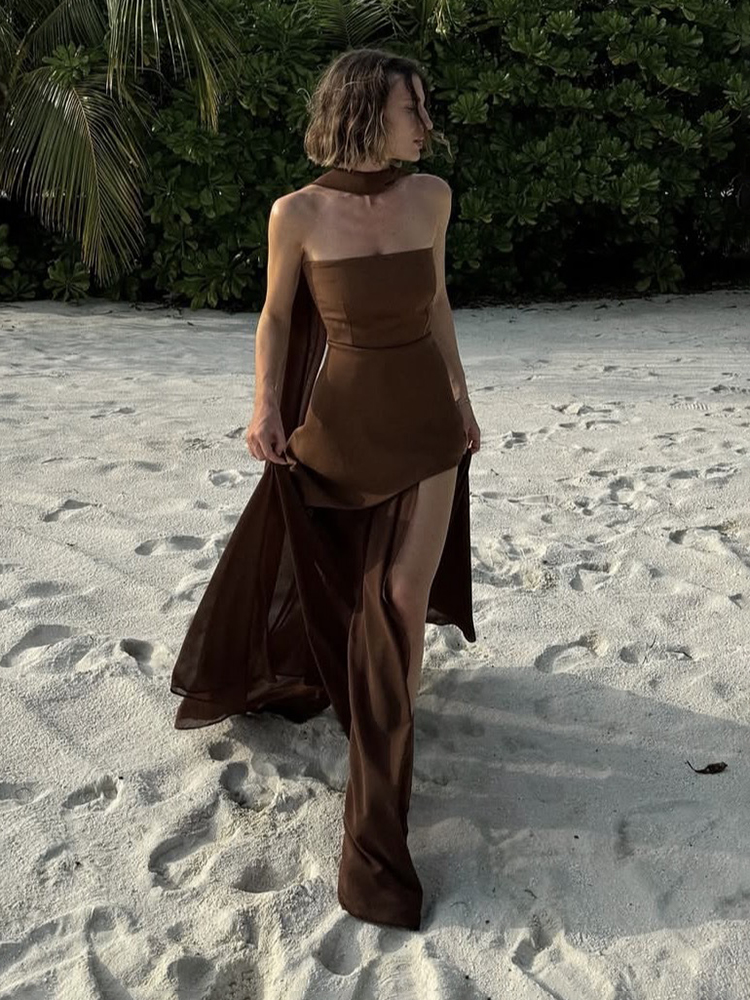 TARUXY Fashion Strapless Dress With Ribbon Female Elegant Sleeveless Mesh Beach Vacation Long Dress 2025 Spring New Women Dress