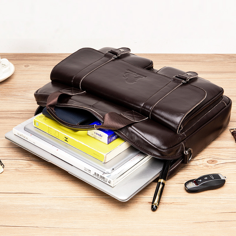 Pasta masculina de couro genuíno com bolsos frontais duplos, bolsa para computador de grande capacidade, bolsa cruzada diagonal