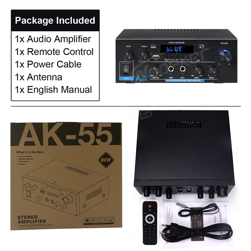 Усилитель Woopker AK55 900 Вт Макс. 2,0-канальный рейтинг 70 Вт + 70 Вт Bluetooth Audio Hi-Fi AMP Музыкальный плеер для караоке Поддержка 110 В 220 В 12 В