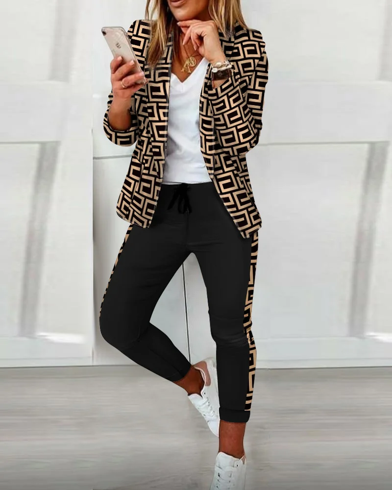 Conjunto de dos piezas a la moda para mujer, chaqueta con estampado vuelto, abrigo, pantalones con cordón, conjunto informal para mujer 2023