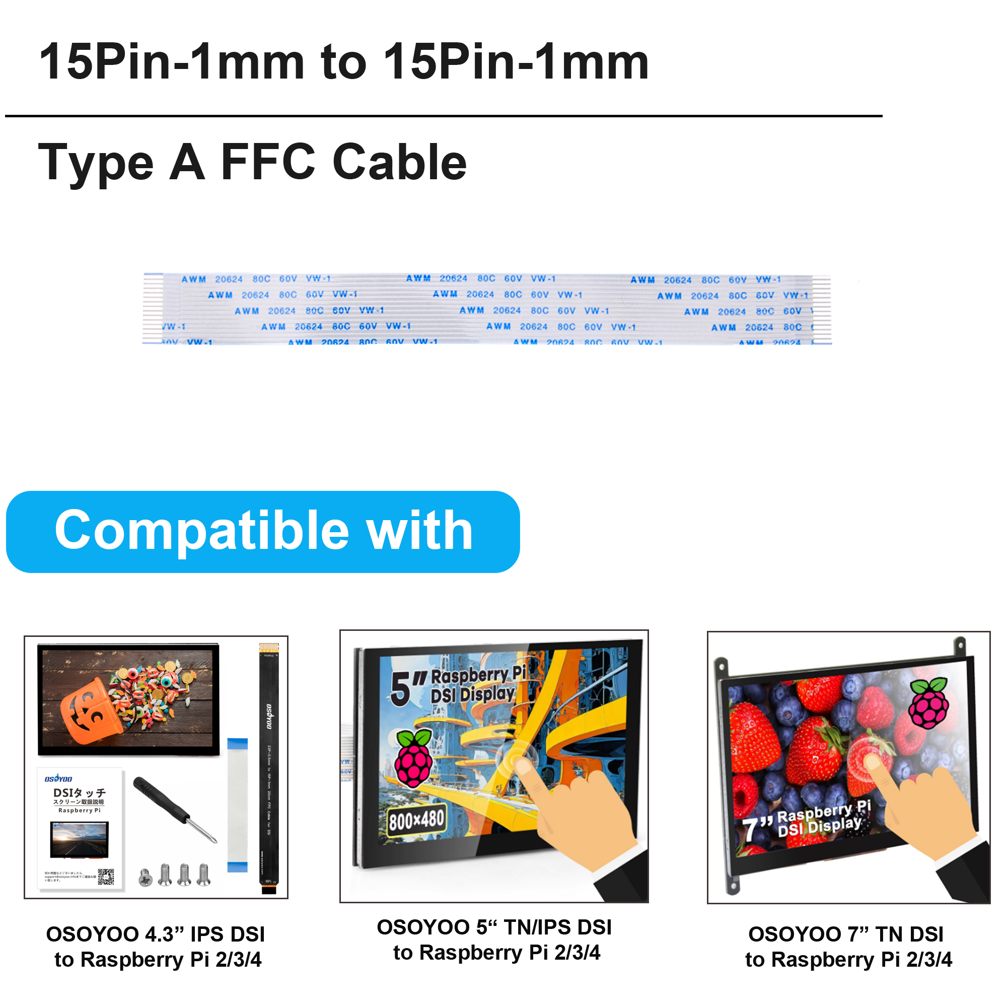 OSOYOO 10 Stück flexibles Flachbandkabel 15Pin 1mm Pitch FFC FPCin Länge für OSOYOO Raspberry Pi DSI-Bildschirm