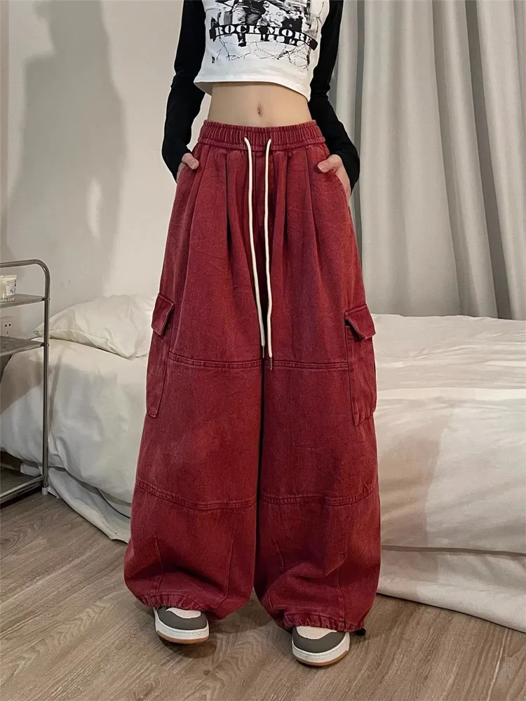 ドローストリング付きレディースバギーカーゴジーンズ、ストレートパンツ、ワイドレッグスウェットパンツ、レディースパンツ、カジュアルウェア、韓国ファッション、y2k,2024