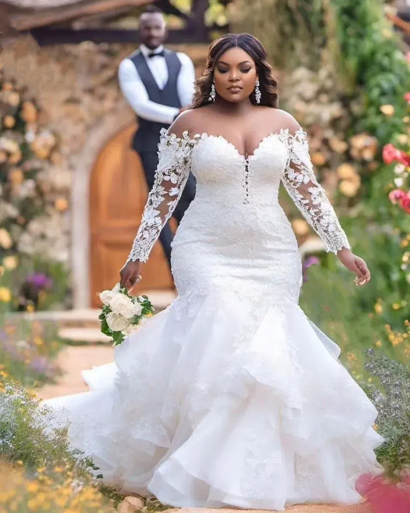 Quente sereia aso ebi plus size vestido de casamento de renda branca sexy querida gola transparente vestido de casamento de manga longa personalizado
