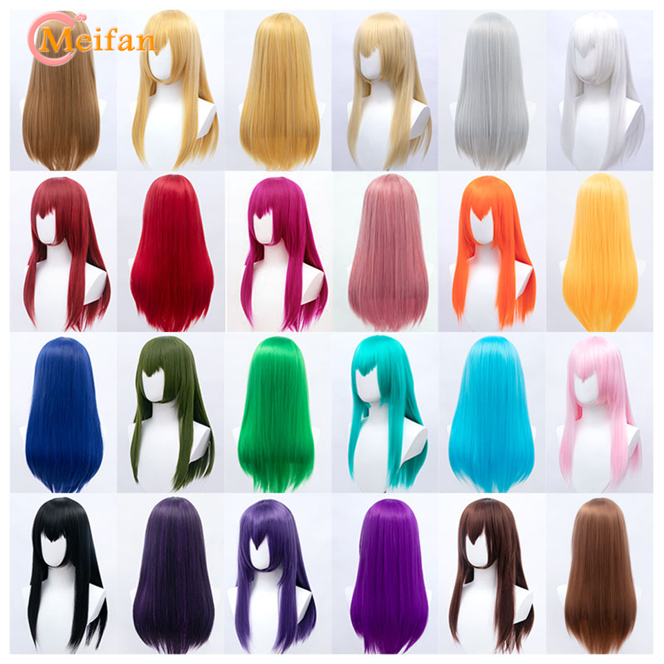 MEIFAN สีสังเคราะห์ยาวคอสเพลย์ Wigs 60ซม.Lolita วิกผมสีเขียวสีชมพูสีบลอนด์สีม่วงตรงวิกผมฮาโลวีน Party ทรงผม