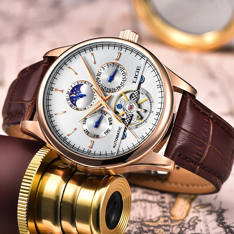 Relojes LIGE 2024 para Hombre, reloj mecánico automático Tourbillon, reloj deportivo de cuero, reloj de pulsera Retro informal de negocios, Relojes para Hombre