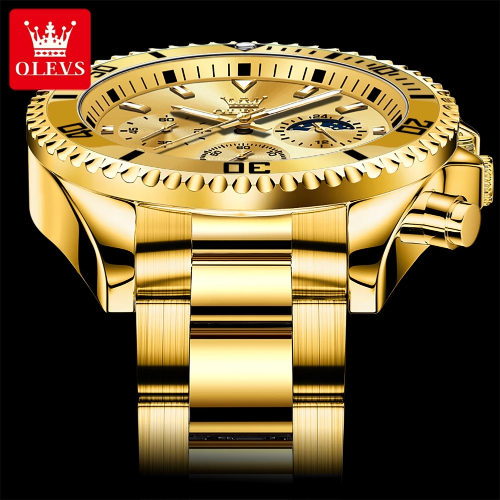 Relojes OLEVS para hombre, relojes de lujo de primeras marcas para hombre, cronógrafo Original resistente al agua de acero inoxidable, fase lunar, fecha, esfera giratoria