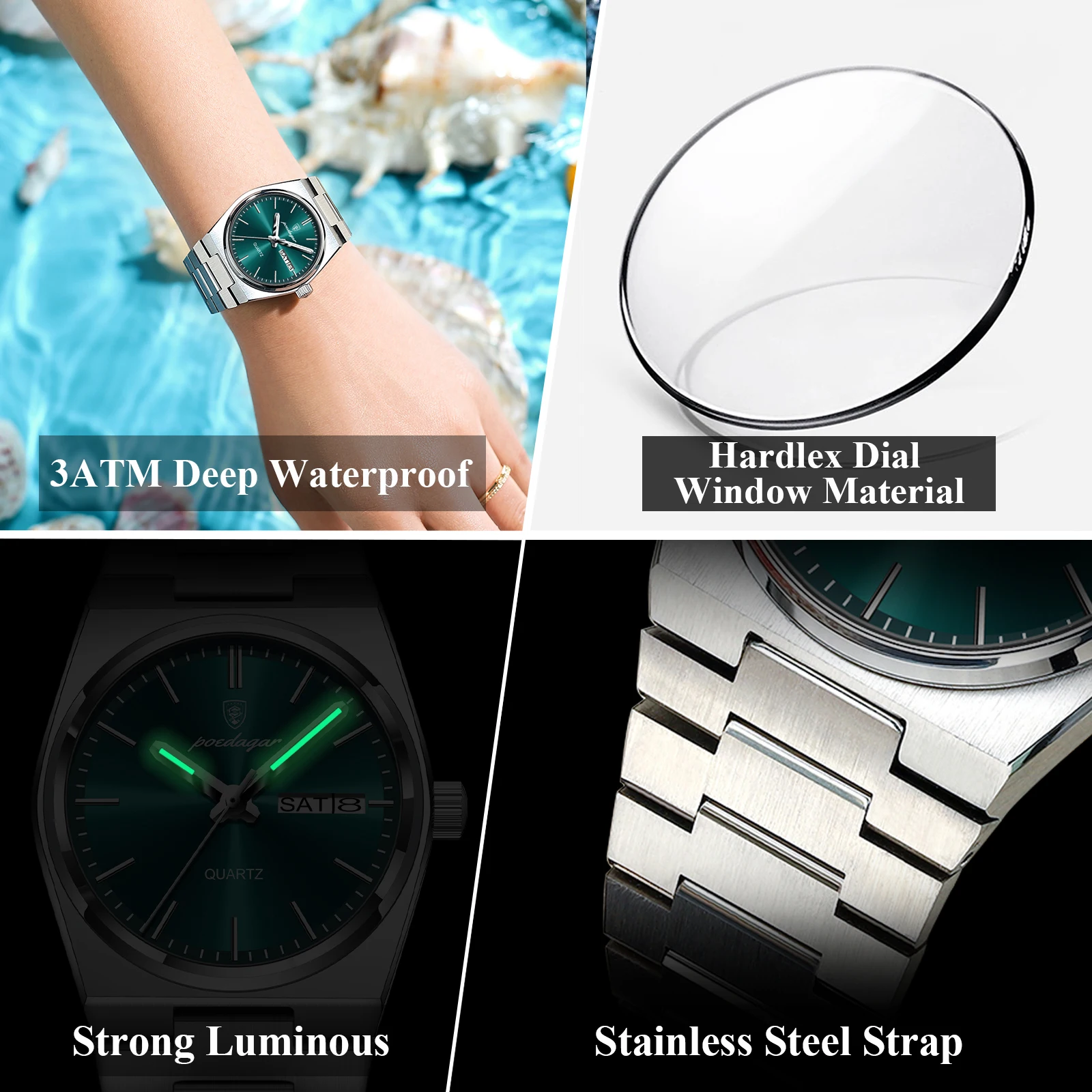 Reloj POEDAGAR de lujo para mujer, elegante reloj de cuarzo, resistente al agua, luminoso, fecha, semana, relojes de acero inoxidable para mujer