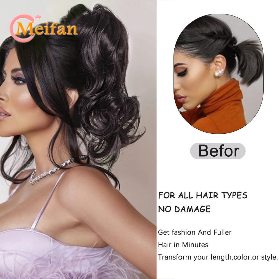 MEIFAN 合成波状カーリー爪クリップポニーテールエクステンションナチュラル偽ヘアピースおだんごヘアブロンドブラウンブラック偽ピグテール