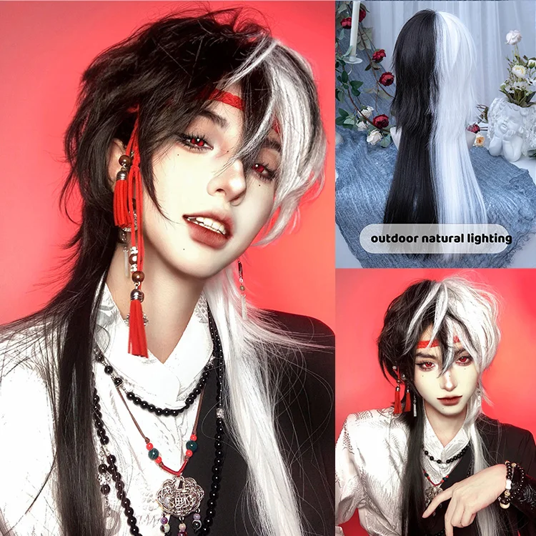 28 Zoll schwarz-weiße schneidige synthetische Perücken mit Pony, lange glatte Haarperücke für Männer oder Frauen, Cosplay, täglicher Gebrauch, hitzebeständig