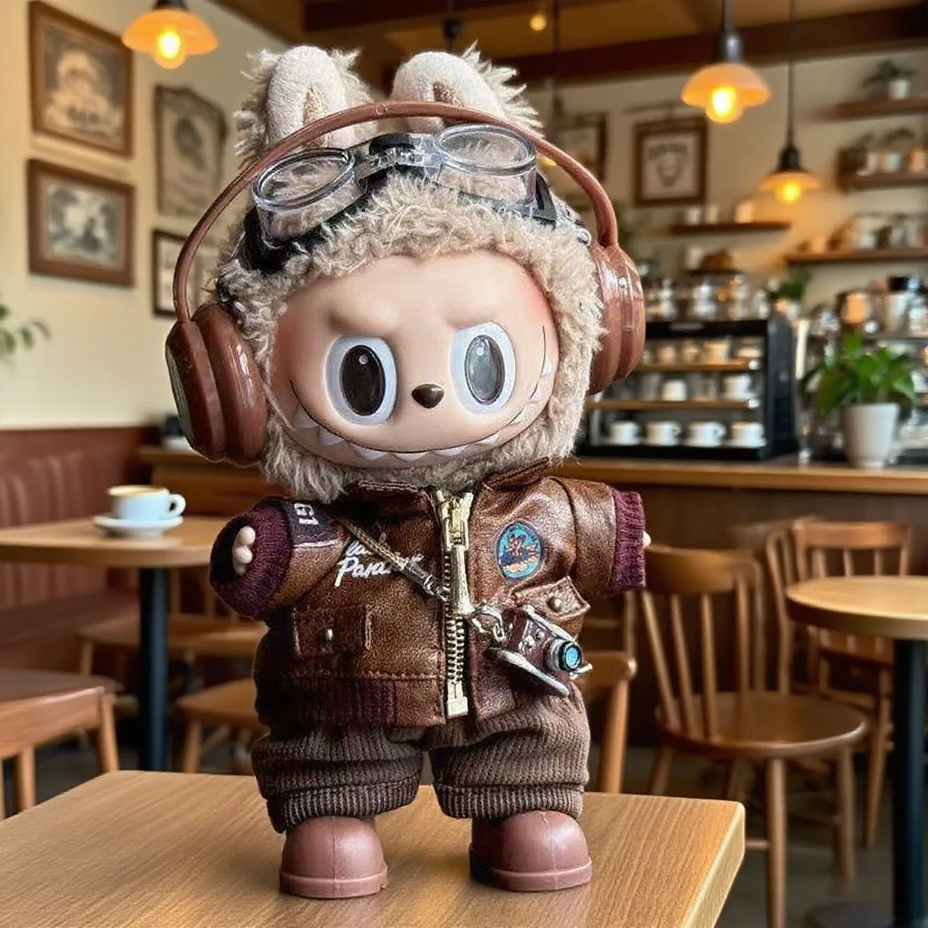 Braune Retro-Fliegerjacke, modisches Puppenkleidungsset für 17 cm große Labubu-Puppe – Zubehör-Geschenkartikel
