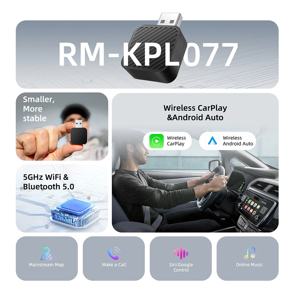 Mini adaptador 2 em 1 AI Box com fio para Carplay sem fio e Android Auto compatível com 99% de carros Plug and Play WiFi Smart Dongle