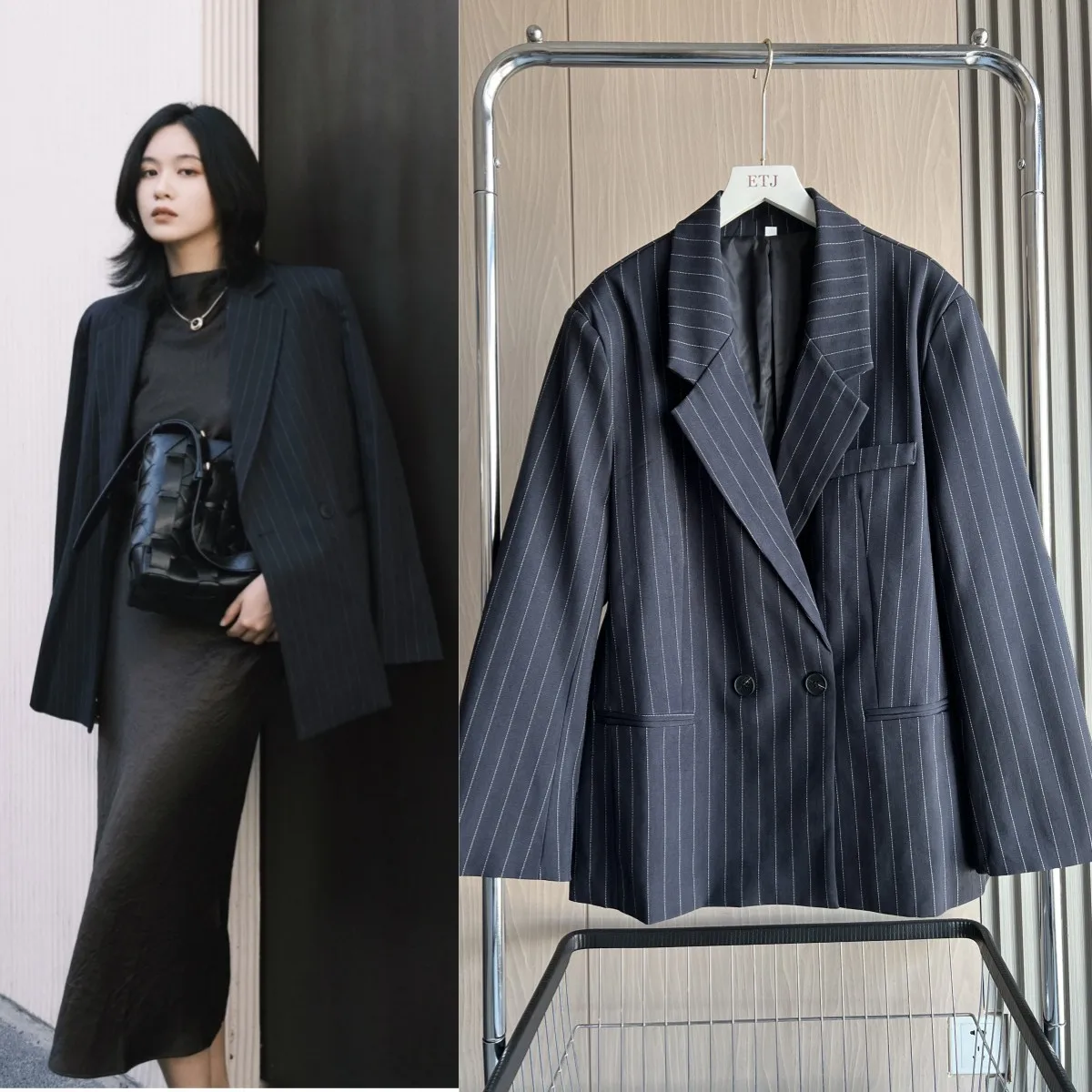 ETJ Herbst/Winter 2025, neue Damen-Street-Fashion, übergroße, schultergepolsterte, lockere Anzugjacke mit Nadelstreifen für Damen