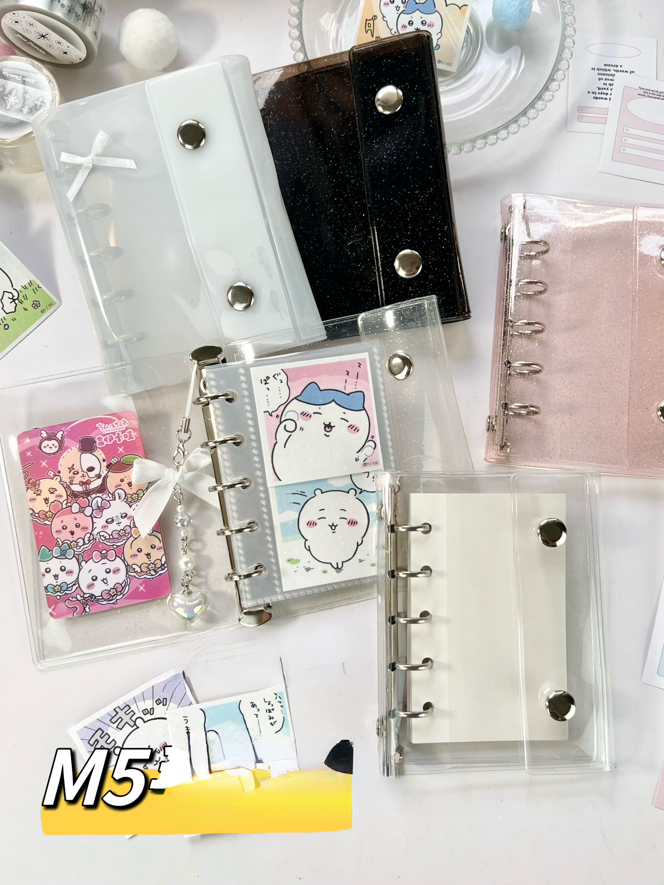 M5 5 穴グリッターピンク黒透明バインダールーズカバージャーナルスケッチブックアクセサリー日記事務用品