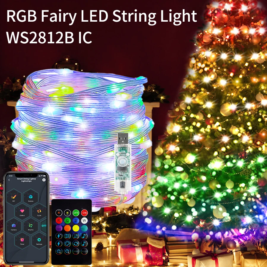 Lampki LED RGBIC WS2812B, lampki choinkowe, Bluetooth, USB 5V, adresowalne indywidualnie, aplikacja muzyczna, kolor marzeń