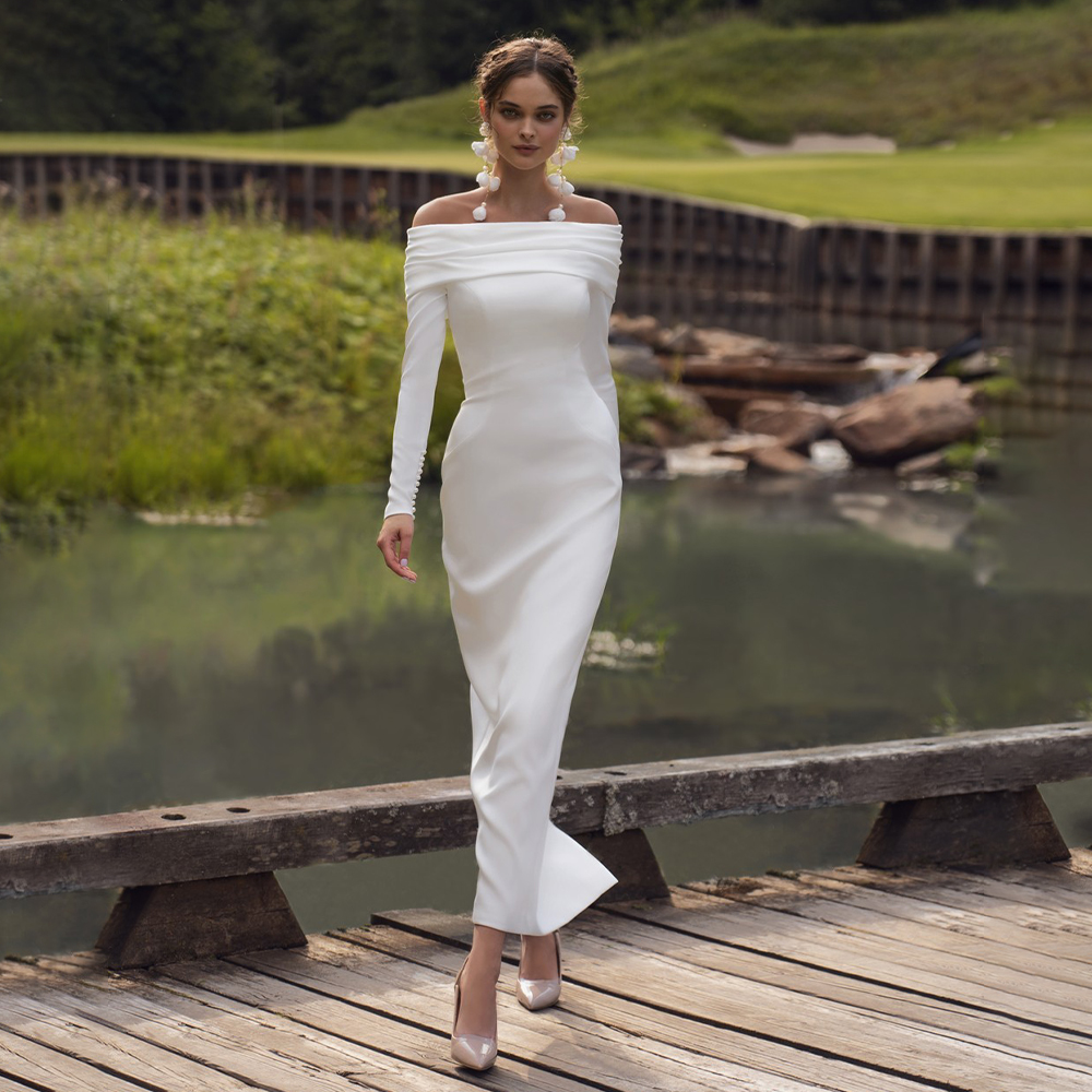 Vestido de novia elegante con hombros descubiertos, manga larga, vestidos de novia sencillos para mujer, vestido de novia hasta el tobillo con perlas 2024