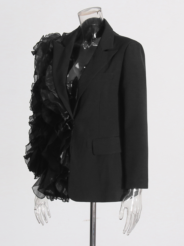 TWOTWINSTYLE Patchwork Ruffles Chic Blazers สําหรับผู้หญิง Notched คอยาวแขนยาว Spliced กระเป๋า Designer Blazer หญิงแฟชั่น