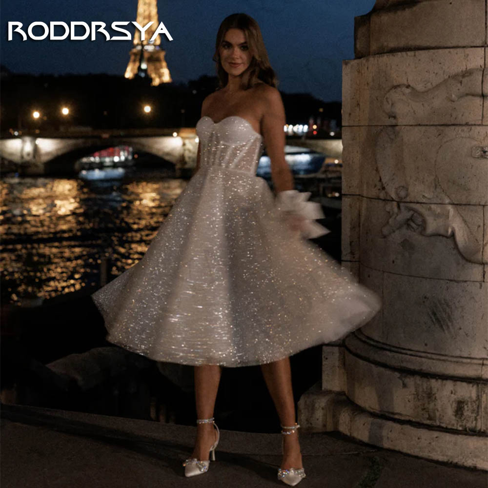RODDRSYA vestido de novia corto y brillante hasta la rodilla, sin tirantes, tul brillante, línea A, sin mangas, mujer Vestido de novia corto brillante hasta la rodilla  vestidos de novia Strapless Glitter Tulle Bride D