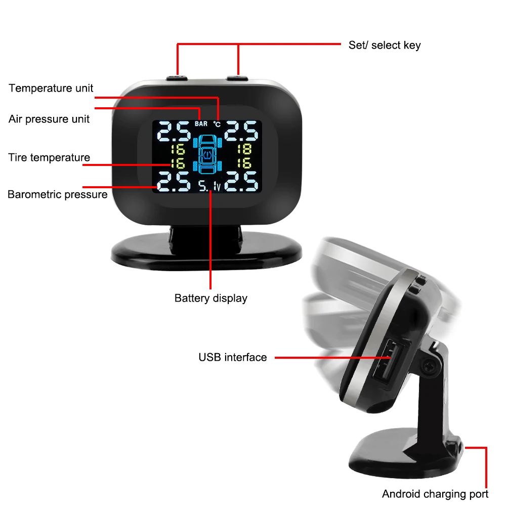 自動セキュリティ警報システム 4 個の外部センサーワイヤレスミニカータイヤ空気圧監視システム USB TPMS