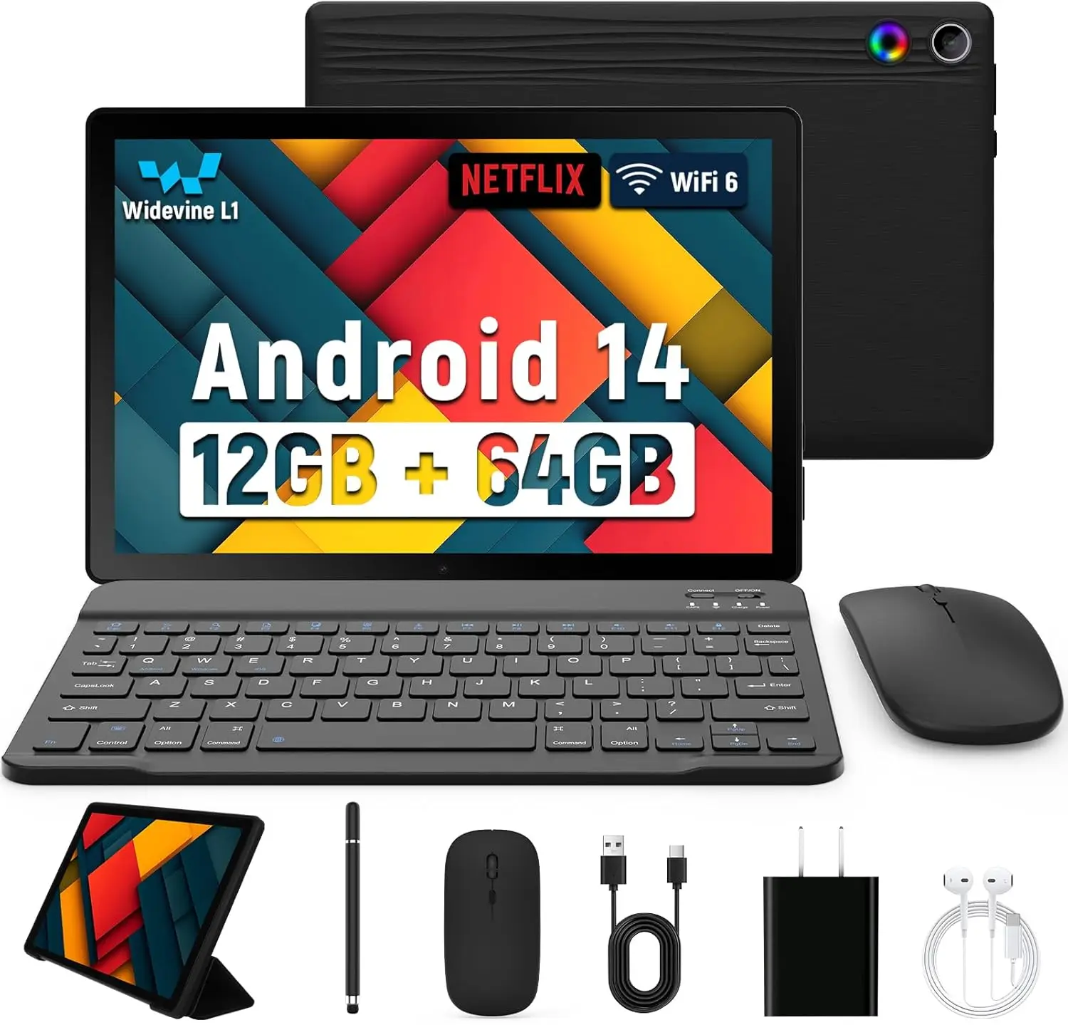 URAO 2025 Android Tablet 10 Inch 12GB+64GB Dual Camera 1TB Expansion 8in1 Tablets Kit with Keyboard Protective Case Mouse Stylus