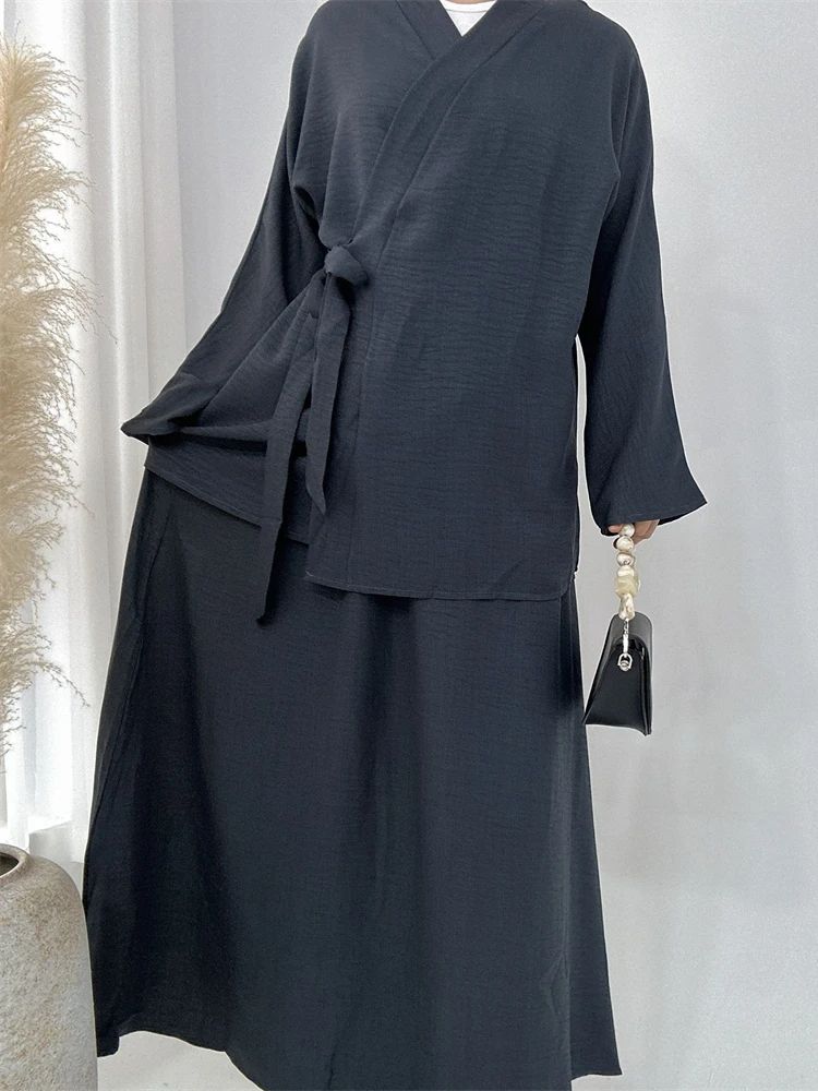 Eid plain 2 peça abaya conjunto topos saia modesto conjuntos muçulmanos abayas para roupas femininas robe caftan marocain femme musulmane kaftan