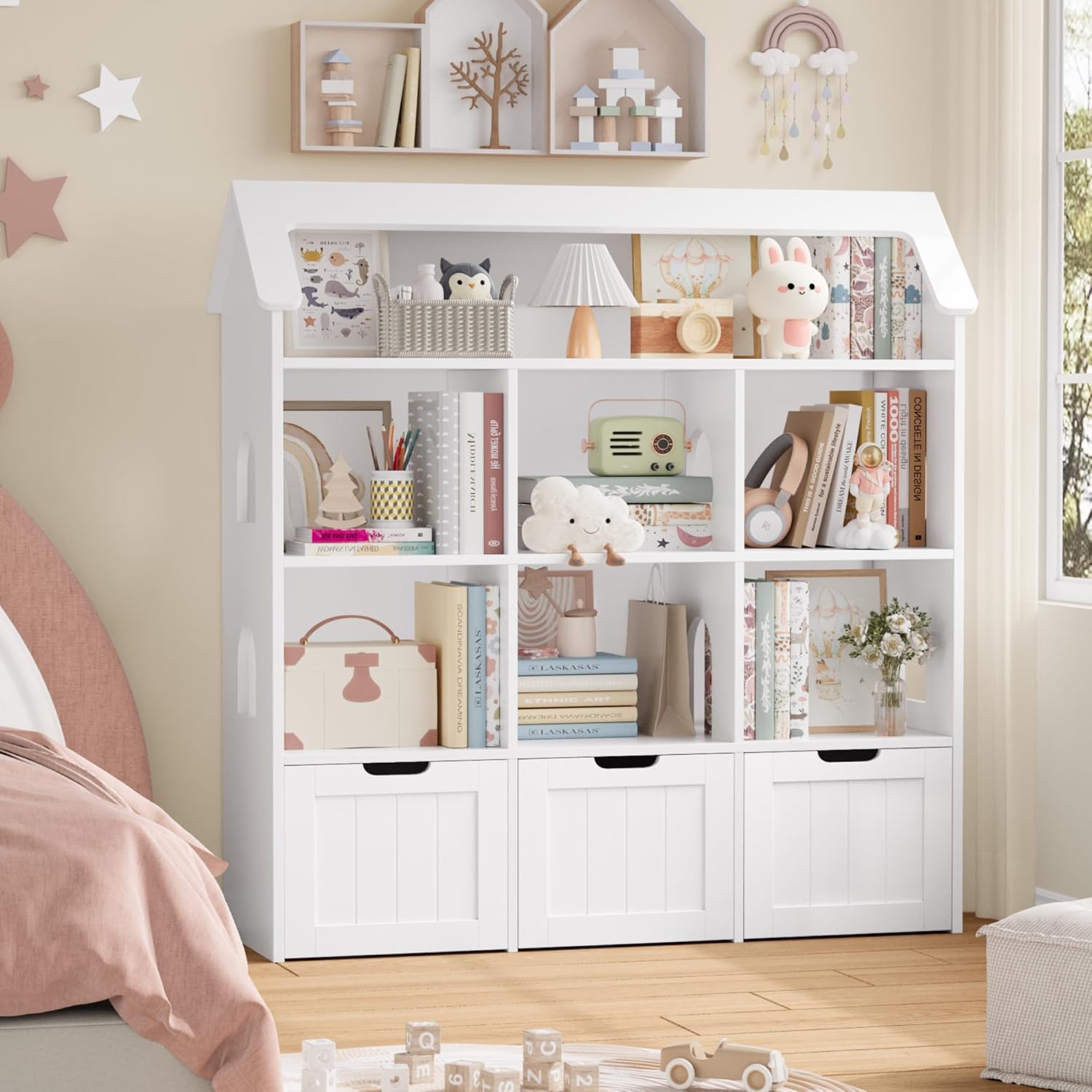 Toy Storage Organizer with House-Shaped Design, Kids Bookshelf Dollhouse Bookcase with 3 Movable Drawers and 6 Storage , Toy Org