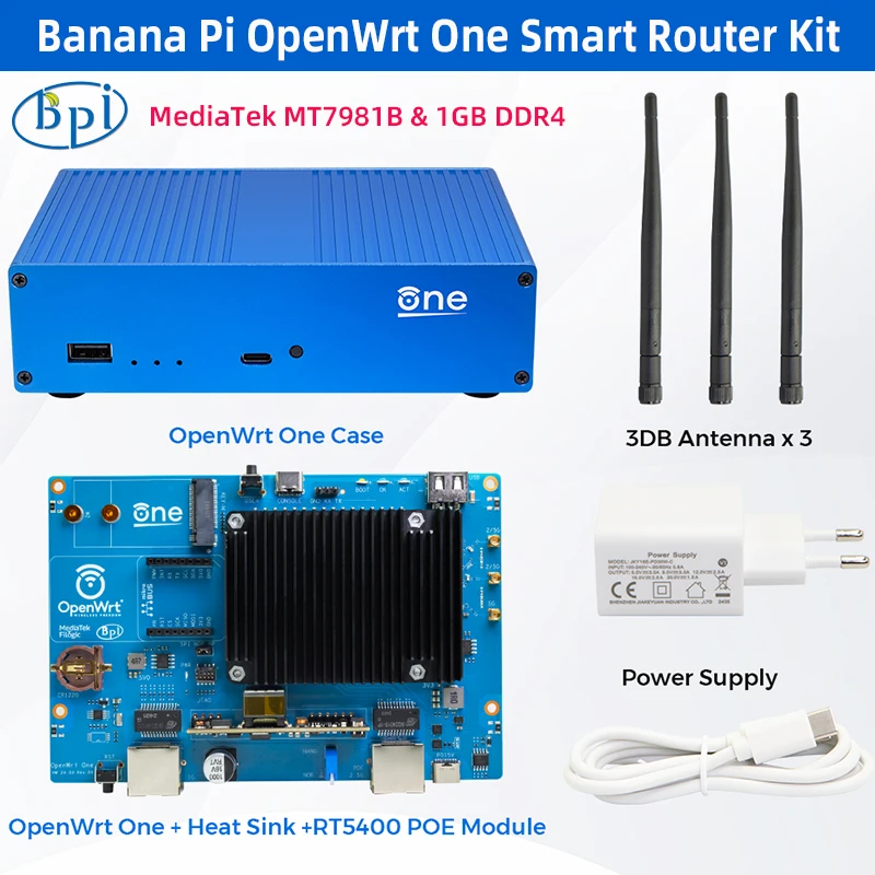 Banana Pi OpenWrt One MediaTek MT7981B 1GB DDR4 2.5GbE RJ45 y Gigabit Ethernet RJ45 256 MiB SPI NAND enrutador inteligente + caja de alimentación