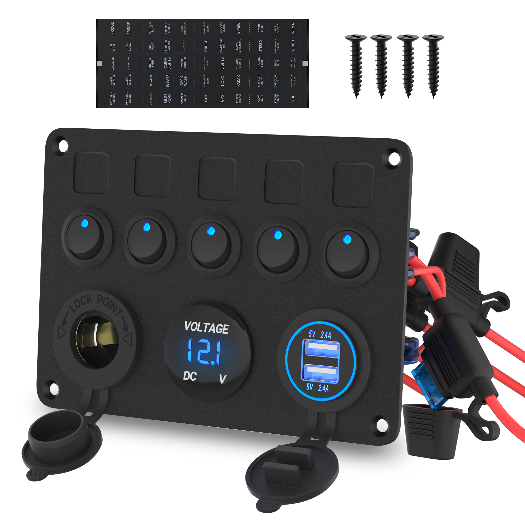 DaierTek-Painel impermeável do interruptor do carro, 5 Gang, Barco, 2.4A, Dual USB Port, 12V Tomada, Voltímetro Digital, LED azul para Auto